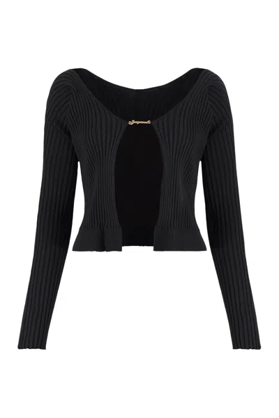 JACQUEMUS BLACK WIDE NECKLINE RIBBED LONG SLEEVE TOP FOR WOMEN