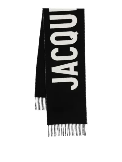 JACQUEMUS BLACK WOOL SCARF WITH FRINGE