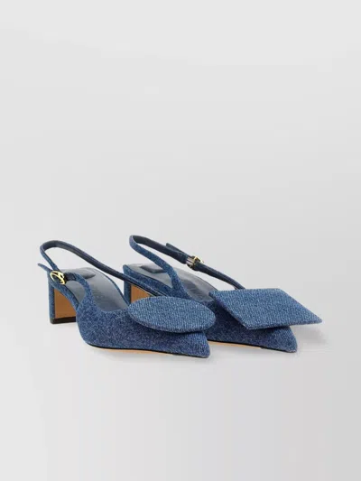 Jacquemus Block Heel Denim Texture Pointed Toe Slingback In Blue