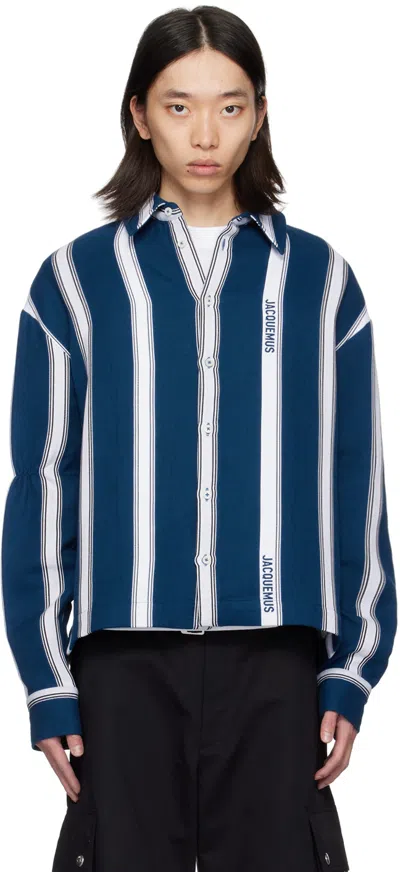 Jacquemus Cotton Logo Striped Shirt In Blue