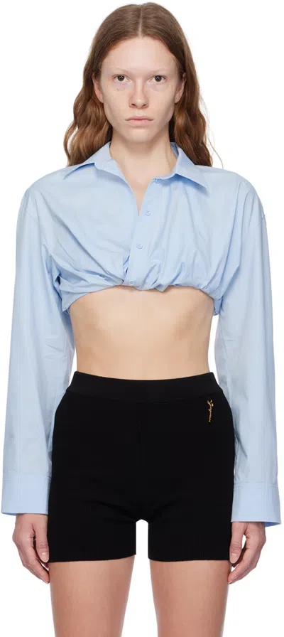 Jacquemus Ruched Tucked In Cropped Long Sleeve Shirt In Blue