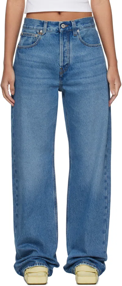 Jacquemus Wide Leg High Rise Jeans With Contrast Stitching In Blue