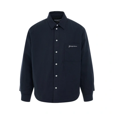 Jacquemus Virgin Wool Long-sleeve Shirt With Embroidered Logo In Black