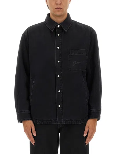 Jacquemus Virgin Wool Long-sleeve Shirt With Embroidered Logo In Black