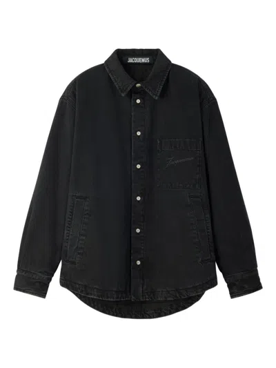 Jacquemus Virgin Wool Long-sleeve Shirt With Embroidered Logo In Black