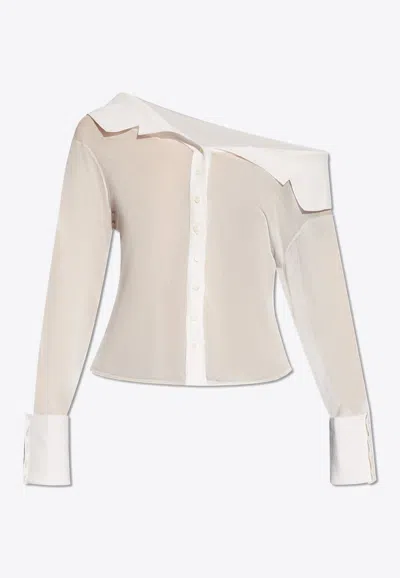 Jacquemus Brezza Off-shoulder Sheer Knit Shirt In White