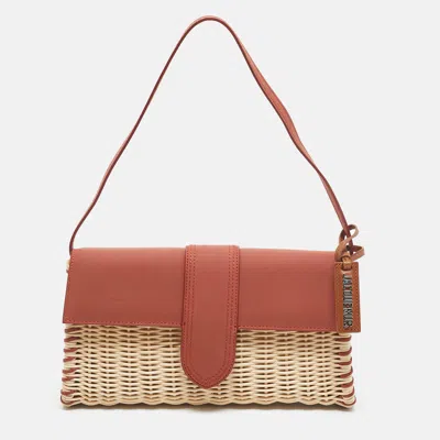 Pre-owned Jacquemus Brick Brown/cream Nubuck Leather And Wicker Le Bambino Long Bag