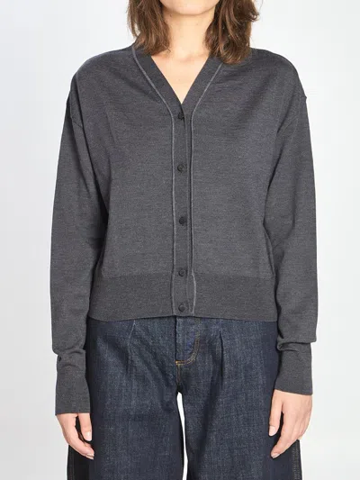 Jacquemus Embroidered Merino Wool Knit Cardigan With Ribbed Collar In Gray