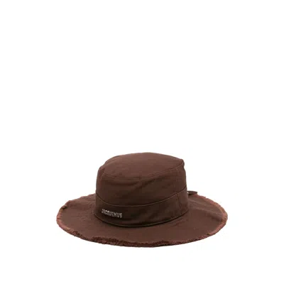 Jacquemus Men Chocolate Brown Drawstring Fastening Frayed Brim Logo Lettering Flat Crown