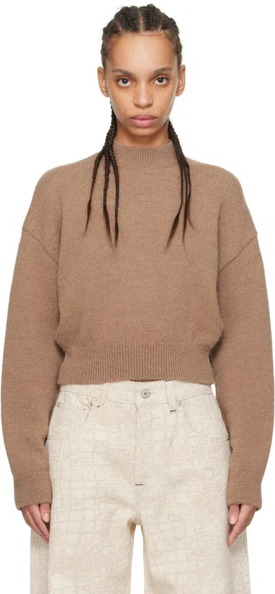 Jacquemus Cropped Sweater With High Neckline And Bold Logo In Brown