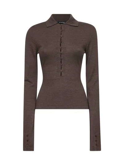 Jacquemus Long-sleeved Merino Wool Polo Shirt Knitwear Brown