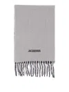 Jacquemus Lecharpe Moisson Grey Scarf With Logo Lettering On The Front And Fringed Hem In Wool Blend Woman In Gray