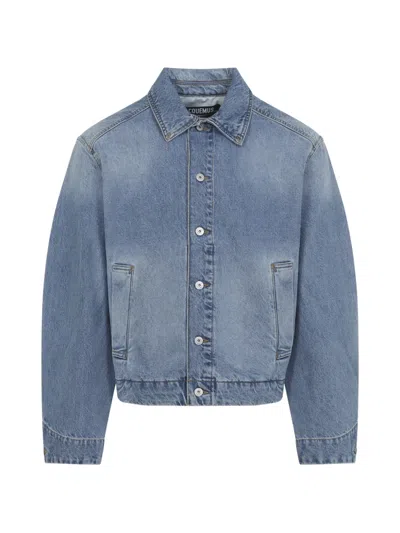 Jacquemus Cropped Denim Jacket With Pointed Collar And Button-up Front In Blue