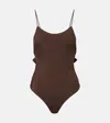 Jacquemus Cabana One Piece Swimsuit High Leg Ruffle In Brown