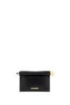 Jacquemus Calfskin Leather Clutch With Gold Accents And Removable Chain Strap In Black