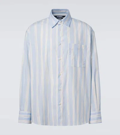 Jacquemus La Chemise Camargue Light Blue Shirt With Classic Collar And All-over Striped Motif In Cotton Man