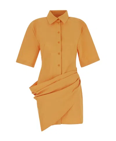 Jacquemus Camisa Draped Mini Shirt Dress In Yellow