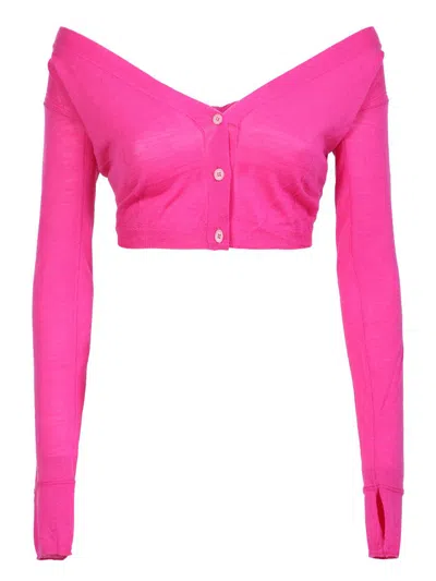 Jacquemus Soli Twisted-back Cropped Wool Cardigan In Pink