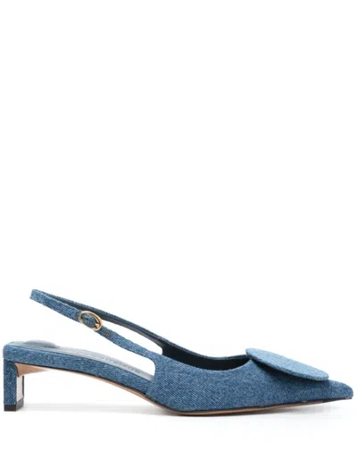 Jacquemus Duelo Embellished Denim Point-toe Slingback Pumps In Blue