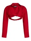 Jacquemus Cropped Cotton Poplin Shirt With Twist Detailing In Red