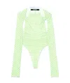 Jacquemus Nodi Cutout Knotted Gingham Jersey Bodysuit In Green