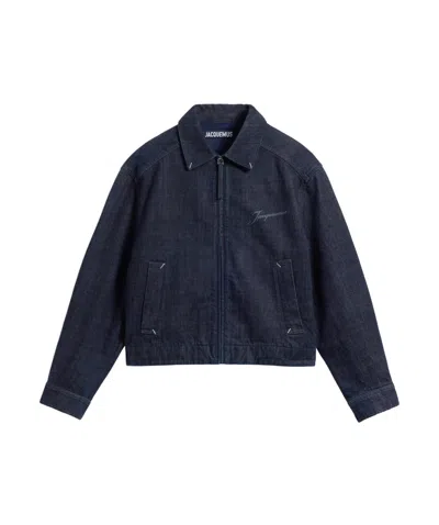 Jacquemus Collared Zip-up Denim Jacket In Bleu Marine Foncé