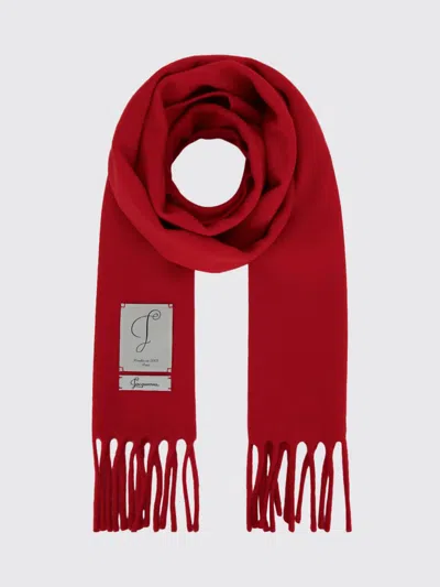 Jacquemus Colour-block Wool-blend Scarf With Fringes And Applied Logo In Red