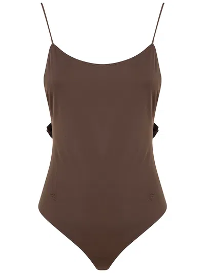 Jacquemus Cabana One Piece Swimsuit High Leg Ruffle In Brown