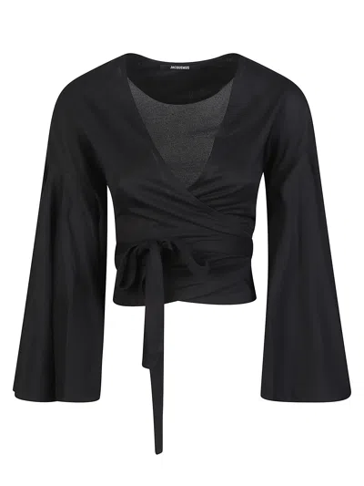 Jacquemus Cotton Balloon Top With Wrap Design And Flared Sleeves In Black