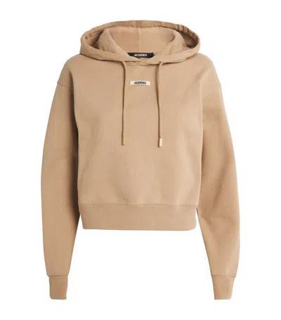 Jacquemus Cotton Cropped Grosgrain Logo Hoodie In Beige