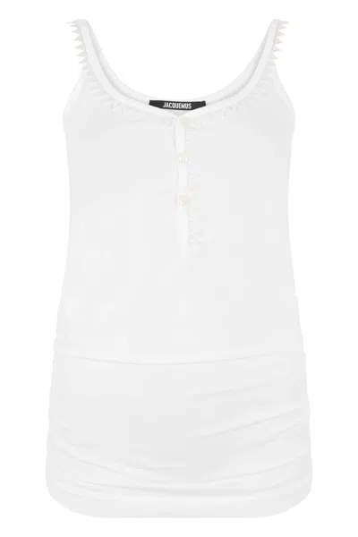 Jacquemus Cotton Ribbed Mini Tank Top With Thin Straps In White