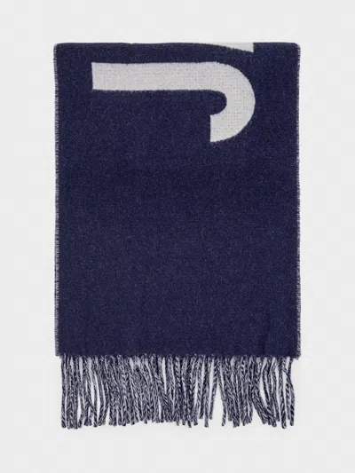 Jacquemus Cotton Scarf With Contrasting Jacquard Logo And Fringed Edges In Blue