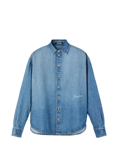 Jacquemus Simon Light Blue Shirt With Logo Lettering On The Front In Denim Man