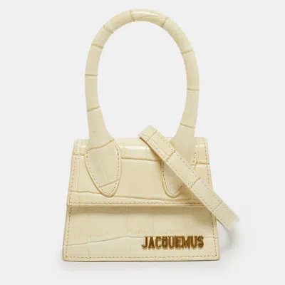 Pre-owned Jacquemus Cream Croc Embossed Leather Mini Le Chiquito Bag In White