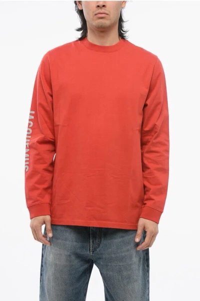 Jacquemus Crew Neck Brilho Cotton T-shirt With Glittered Logo In Orange