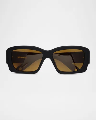 Jacquemus Croisière Rectangle Acetate Sunglasses In Black