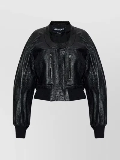 Jacquemus Cropped Crewneck Jacket Textured Finish In Black