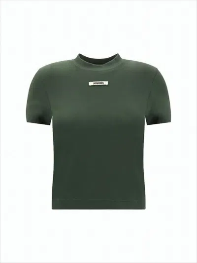 Jacquemus Cropped Green T-shirt With Minimalist Design In White