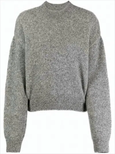 Jacquemus Cropped High Neck Sweater With Voluminous Sleeves And Logo Detail In Gray