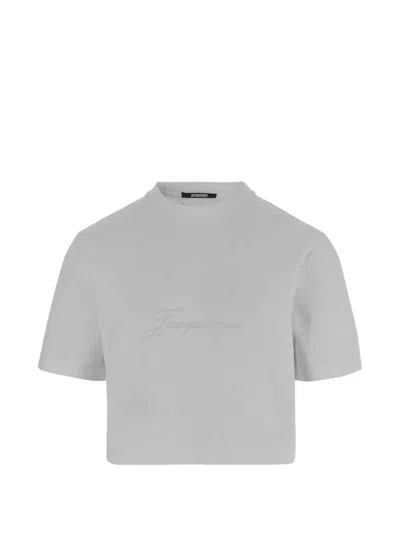 Jacquemus Cropped T-shirt With Embroidered Logo In Gray