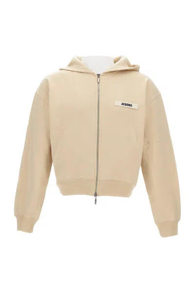 Jacquemus Cropped Zip-up Hoodie With Ribbed Cuffs And Waist In Neutral