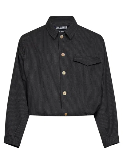 Jacquemus Dark Grey Pinstriped Wool The Cubano Short Jacket In Black
