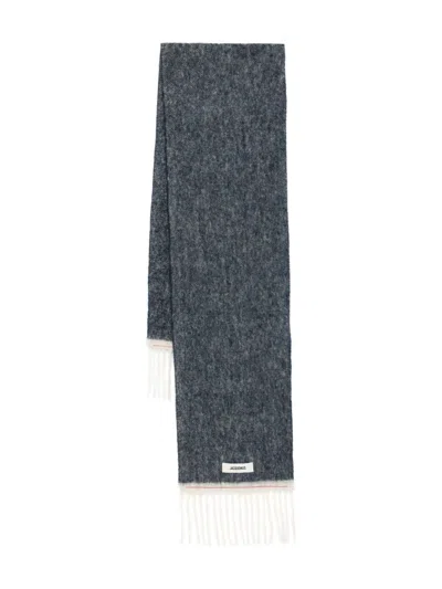 Jacquemus Dark-grey Wool Fringed Edges Scarf In Gray