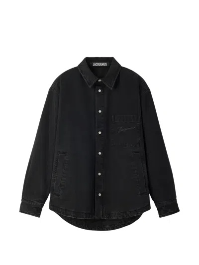 Jacquemus Faded Cotton Denim Button-front Shirt With Laser Logo Pocket In Black