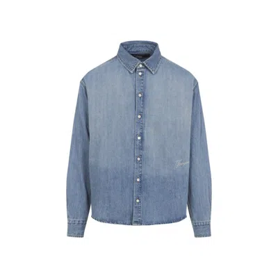 Jacquemus La Chemise De-nimes Simon With Embroidered Logo In Blue