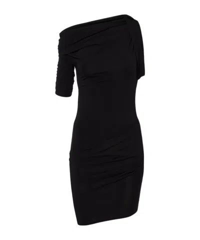 Jacquemus Asymmetrical One-shoulder Bodycon Mini Dress With Ruched Sleeve In Black