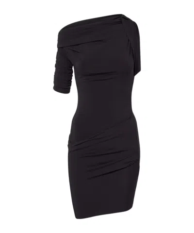Jacquemus Asymmetrical One-shoulder Bodycon Mini Dress With Ruched Sleeve In Black