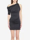 Jacquemus Asymmetrical One-shoulder Bodycon Mini Dress With Ruched Sleeve In Black