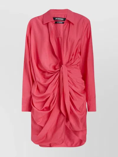 Jacquemus Draped Knot Detail Long Sleeve Dress In Pink
