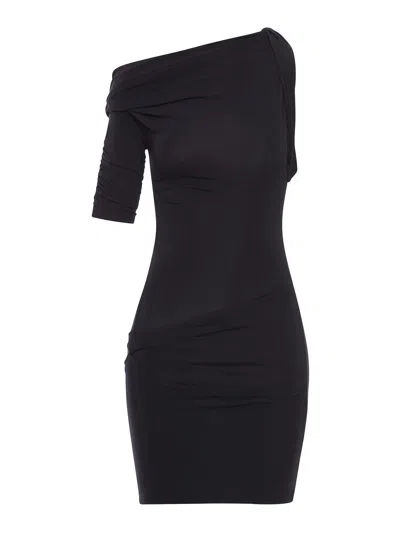 Jacquemus La Mini Robe Drapeado Blue One-shoulder Mini Dress With Ruched Details In Viscose Blend Stretch Woma In Black